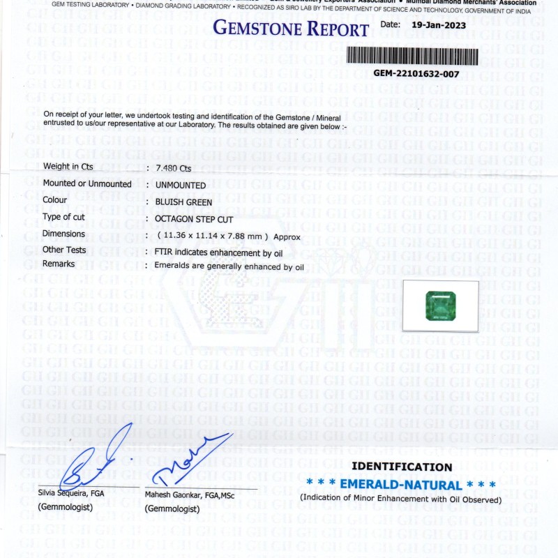 7.48 Ct Certified Untreated Natural Zambian Emerald Gemstone Panna 7.48 Ct Certified Untreated Natural Zambian Emerald Gemstone Panna