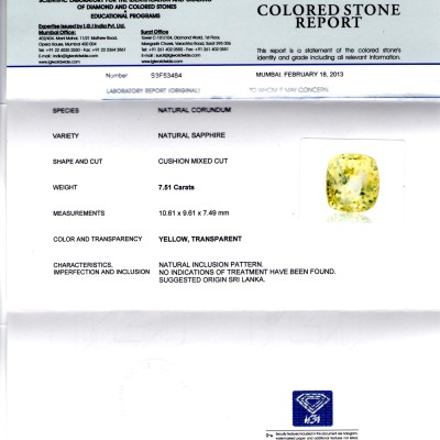 7.51 Ct IGI Certified Unheated Natural Ceylon Yellow Sapphire 7.51 Ct IGI Certified Unheated Natural Ceylon Yellow Sapphire