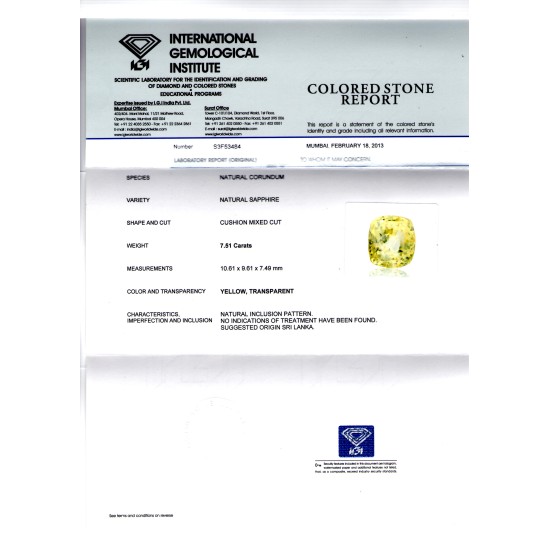 7.51 Ct IGI Certified Unheated Natural Ceylon Yellow Sapphire