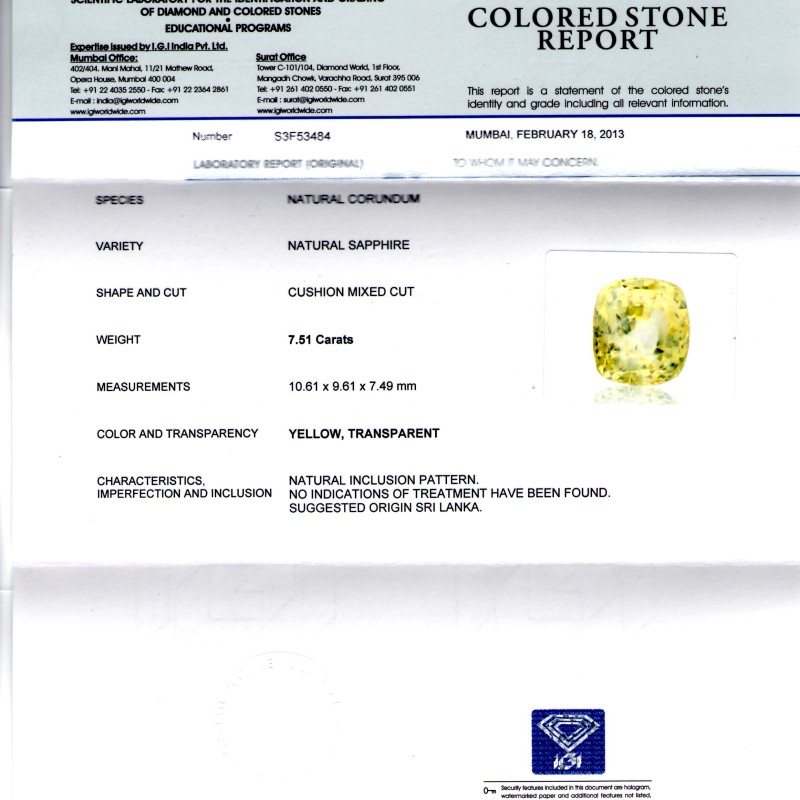 7.51 Ct IGI Certified Unheated Natural Ceylon Yellow Sapphire 7.51 Ct IGI Certified Unheated Natural Ceylon Yellow Sapphire