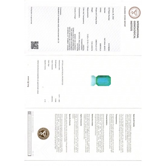 7.55 Ct IGI Certified Untreated Natural Zambian Emerald Gemstone AAA