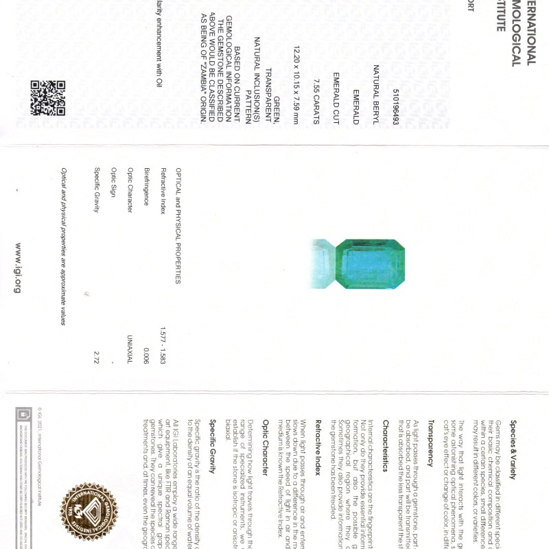 7.55 Ct IGI Certified Untreated Natural Zambian Emerald Gemstone AAA 7.55 Ct IGI Certified Untreated Natural Zambian Emerald Gemstone AAA