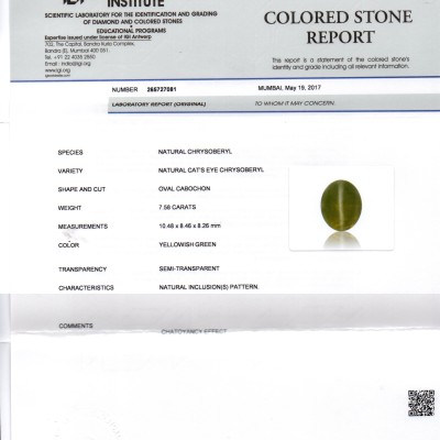 7.58 Ct IGI Certified Untreated Natural Ceylon Chrysoberyl Cats Eye Stone 7.58 Ct IGI Certified Untreated Natural Ceylon Chrysoberyl Cats Eye Stone