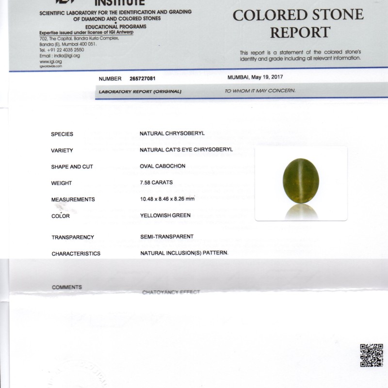 7.58 Ct IGI Certified Untreated Natural Ceylon Chrysoberyl Cats Eye Stone 7.58 Ct IGI Certified Untreated Natural Ceylon Chrysoberyl Cats Eye Stone