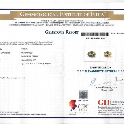 7.66 Ct Untreated Natural Colour Changing Alexandrite GII Certified 7.66 Ct Untreated Natural Colour Changing Alexandrite GII Certified