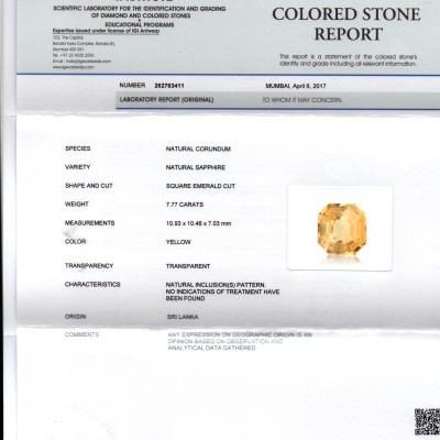 7.77 Ct IGI Certified Unheated Untreated Natural Ceylon Yellow Sapphire 7.77 Ct IGI Certified Unheated Untreated Natural Ceylon Yellow Sapphire