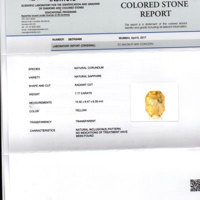 7.77 Ct IGI Certified Unheated Untreated Natural Ceylon Yellow Sapphire 7.77 Ct IGI Certified Unheated Untreated Natural Ceylon Yellow Sapphire
