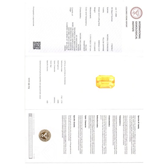 7.79 Ct IGI Certified Unheated Untreated Natural Ceylon Yellow Sapphire 7.79 Ct IGI Certified Unheated Untreated Natural Ceylon Yellow Sapphire