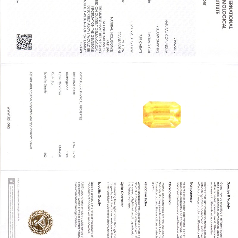 7.79 Ct IGI Certified Unheated Untreated Natural Ceylon Yellow Sapphire 7.79 Ct IGI Certified Unheated Untreated Natural Ceylon Yellow Sapphire