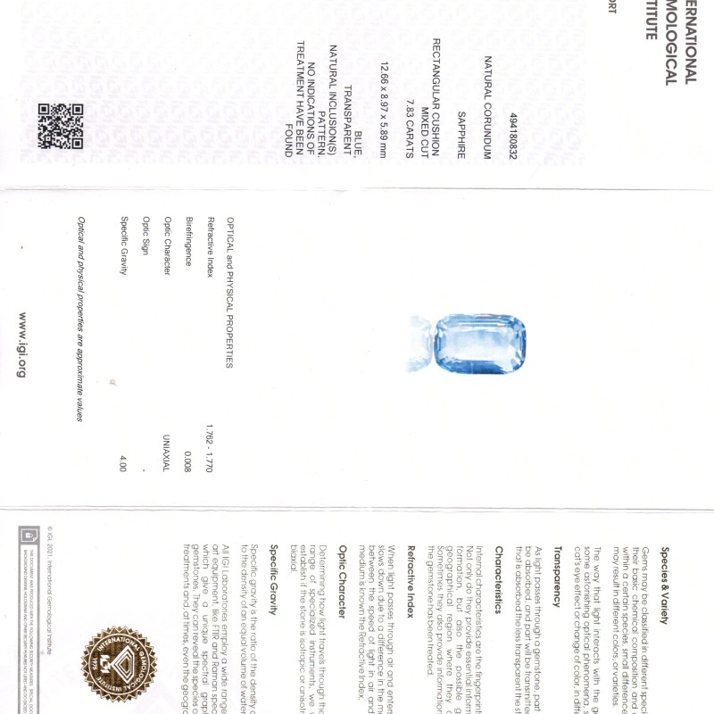 7.83 Ct IGI Certified Unheated Untreated Natural Ceylon Blue Sapphire 7.83 Ct IGI Certified Unheated Untreated Natural Ceylon Blue Sapphire