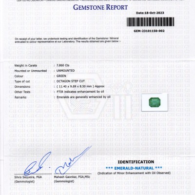 7.86 Ct GII Certified Untreated Natural Zambian Emerald Panna Gems 7.86 Ct GII Certified Untreated Natural Zambian Emerald Panna Gems