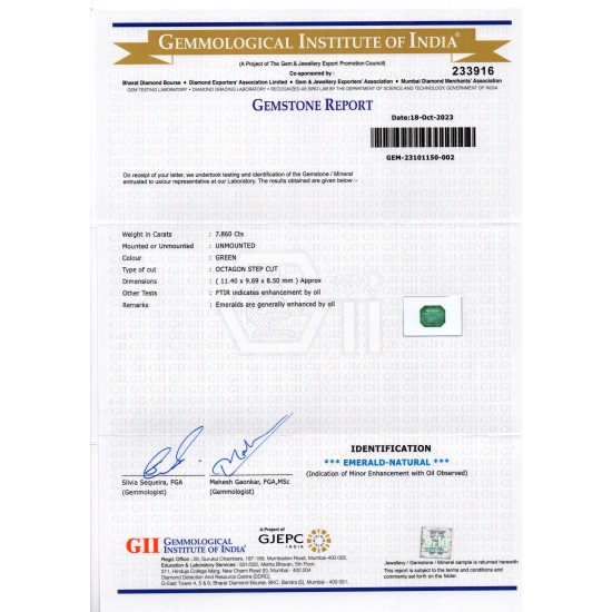 7.86 Ct GII Certified Untreated Natural Zambian Emerald Panna Gems