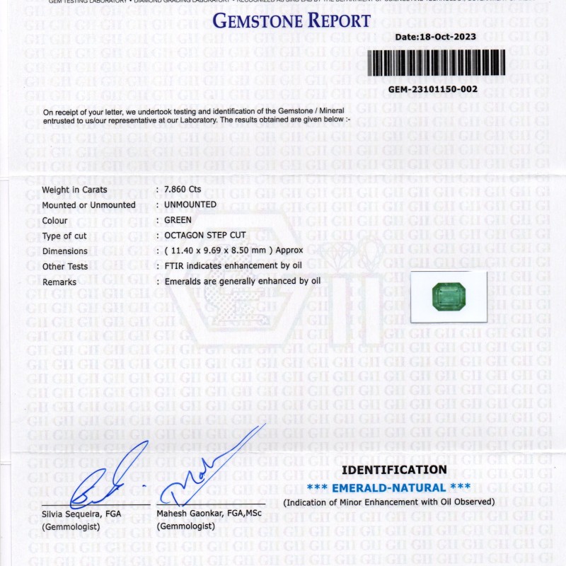 7.86 Ct GII Certified Untreated Natural Zambian Emerald Panna Gems 7.86 Ct GII Certified Untreated Natural Zambian Emerald Panna Gems