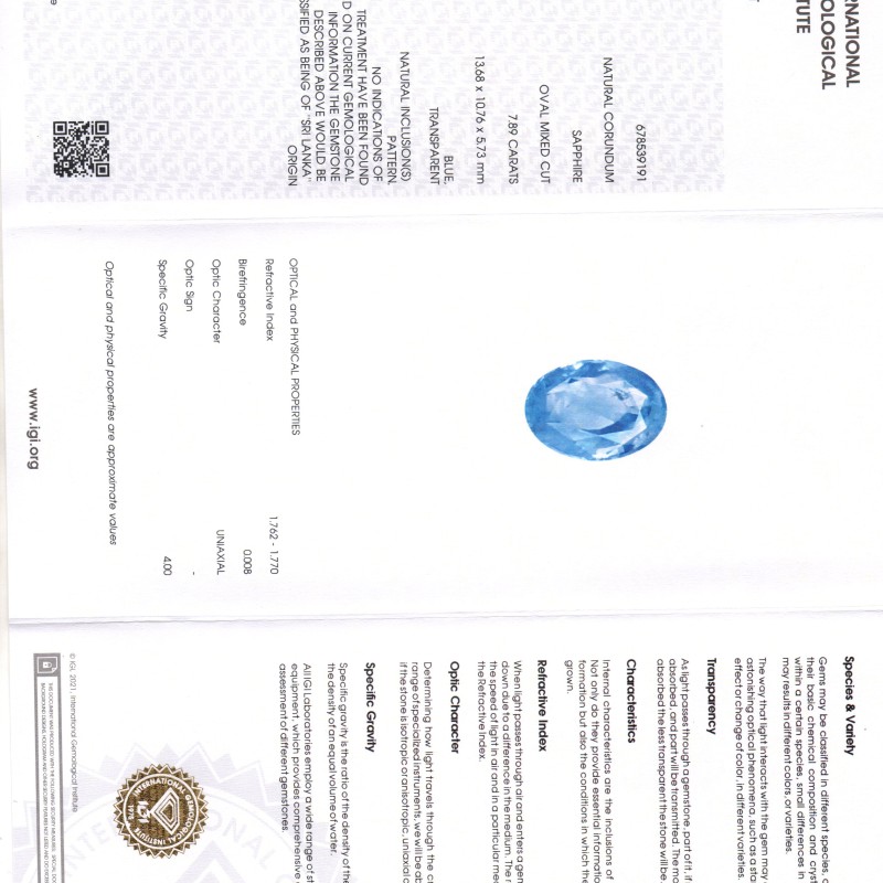 7.89 Ct IGI Certified Unheated Untreated Natural Ceylon Blue Sapphire 7.89 Ct IGI Certified Unheated Untreated Natural Ceylon Blue Sapphire