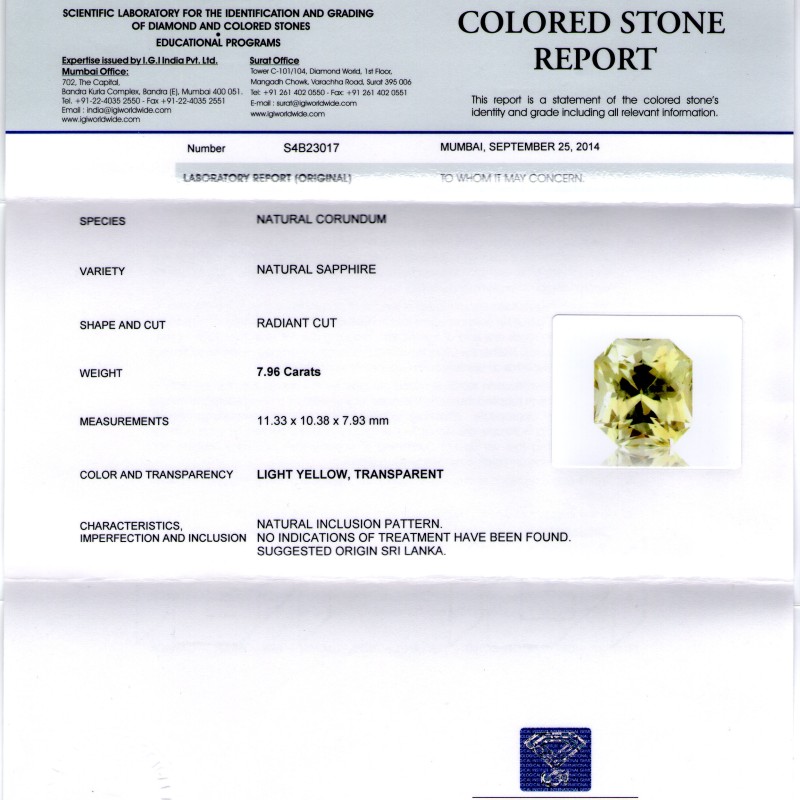 7.96 Ct IGI Certified Unheated Natural Ceylon Yellow Sapphire Gems
