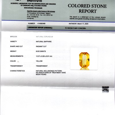 8.03 Ct IGI Certified Unheated Untreated Natural Ceylon Yellow Sapphire AAA
