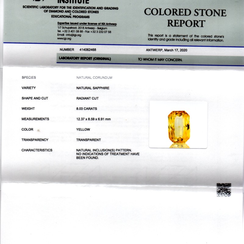 8.03 Ct IGI Certified Unheated Untreated Natural Ceylon Yellow Sapphire AAA