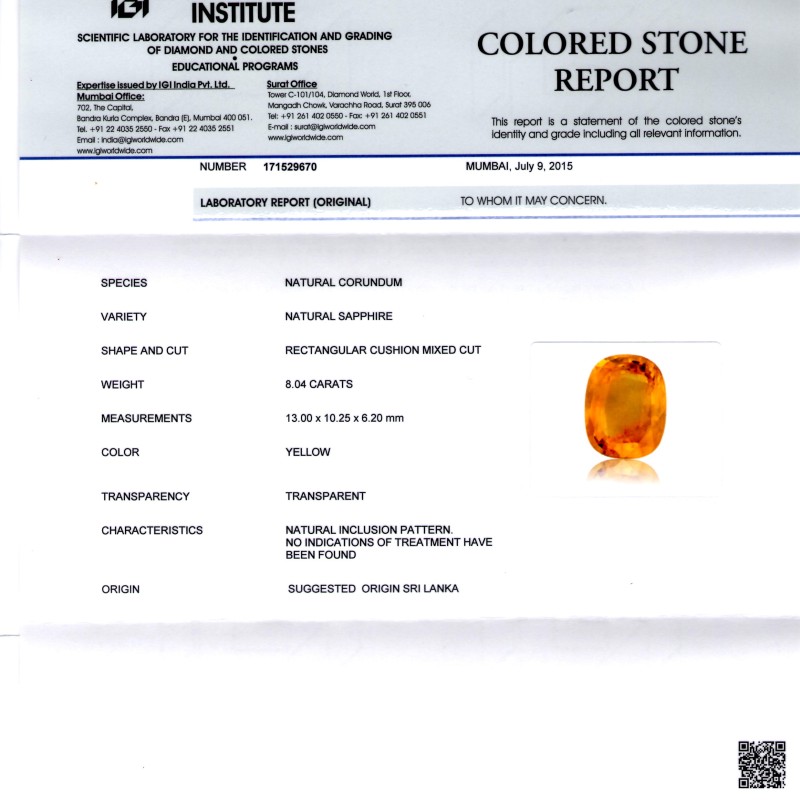 8.04 Ct IGI Certified Unheated Natural Ceylon Yellow Sapphire AAAAA 8.04 Ct IGI Certified Unheated Natural Ceylon Yellow Sapphire AAAAA