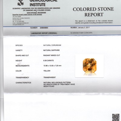 8.08 Ct Unheated Untreated Natural Ceylon Yellow Sapphire AAAAA 8.08 Ct Unheated Untreated Natural Ceylon Yellow Sapphire AAAAA