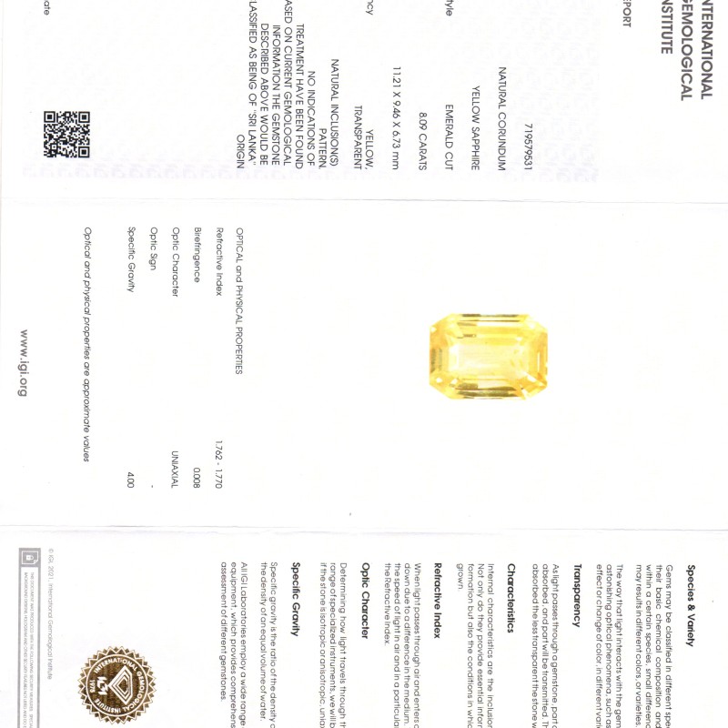 8.09 Ct IGI Certified Unheated Untreated Natural Ceylon Yellow Sapphire AAAA 8.09 Ct IGI Certified Unheated Untreated Natural Ceylon Yellow Sapphire AAAA