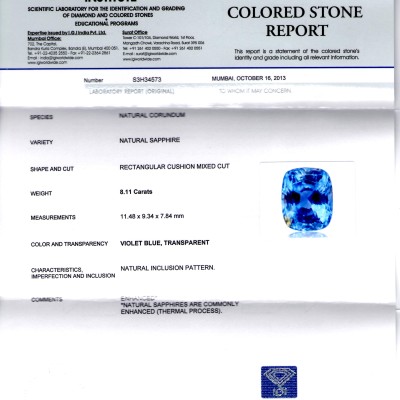 8.11 Ct IGI Certified Untreated Natural Ceylon Blue Sapphire AAA 8.11 Ct IGI Certified Untreated Natural Ceylon Blue Sapphire AAA
