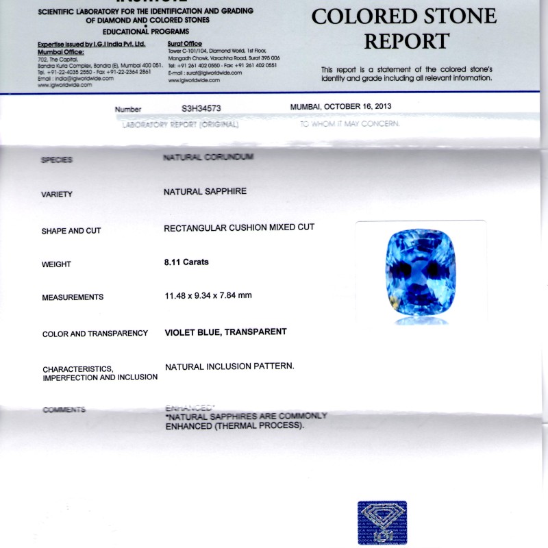 8.11 Ct IGI Certified Untreated Natural Ceylon Blue Sapphire AAA 8.11 Ct IGI Certified Untreated Natural Ceylon Blue Sapphire AAA