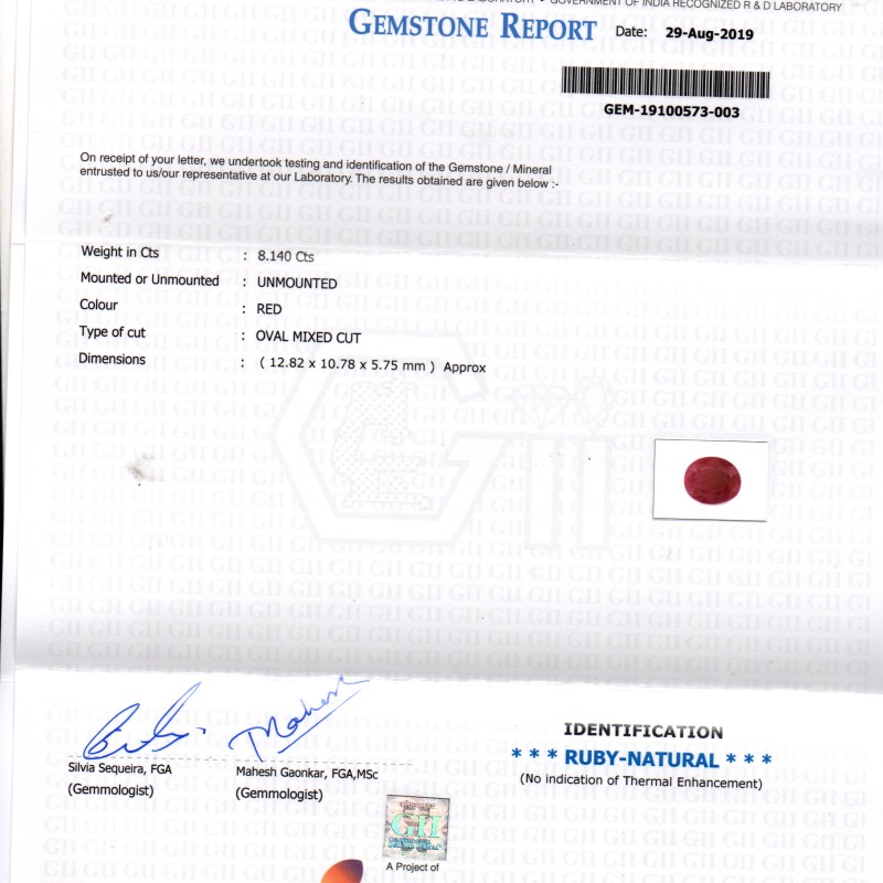 8.14 Ct GII Certified Unheated Untreated Natural New Burma Ruby 8.14 Ct GII Certified Unheated Untreated Natural New Burma Ruby