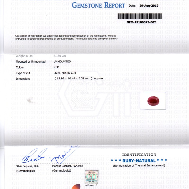 8.15 Ct GII Certified Unheated Untreated Natural New Burma Ruby 8.15 Ct GII Certified Unheated Untreated Natural New Burma Ruby
