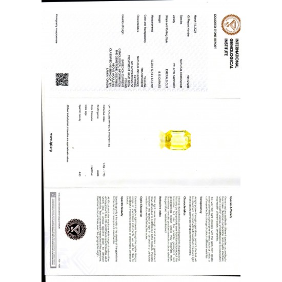 8.15 Ct IGI Certified Unheated Untreated Natural Ceylon Yellow Sapphire AAA
