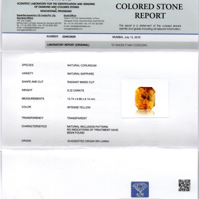 8.22 Ct Unheated Untreated Natural Ceylon Yellow Sapphire AAAAA