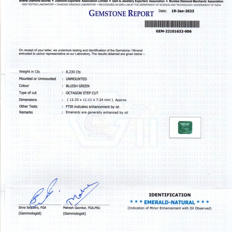 8.23 Ct Certified Untreated Natural Zambian Emerald Gemstone Panna 8.23 Ct Certified Untreated Natural Zambian Emerald Gemstone Panna