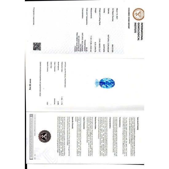 8.25 Ct IGI Certified Unheated Untreated Natural Ceylon Blue Sapphire