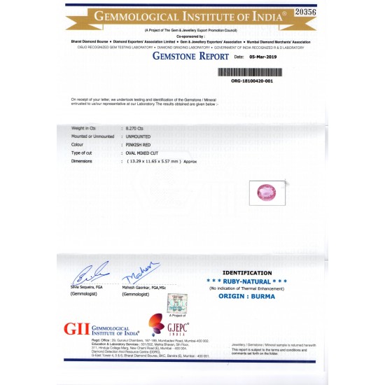 8.27 Ct GII Certified Unheated Untreated Natural Old Burma Ruby AAA