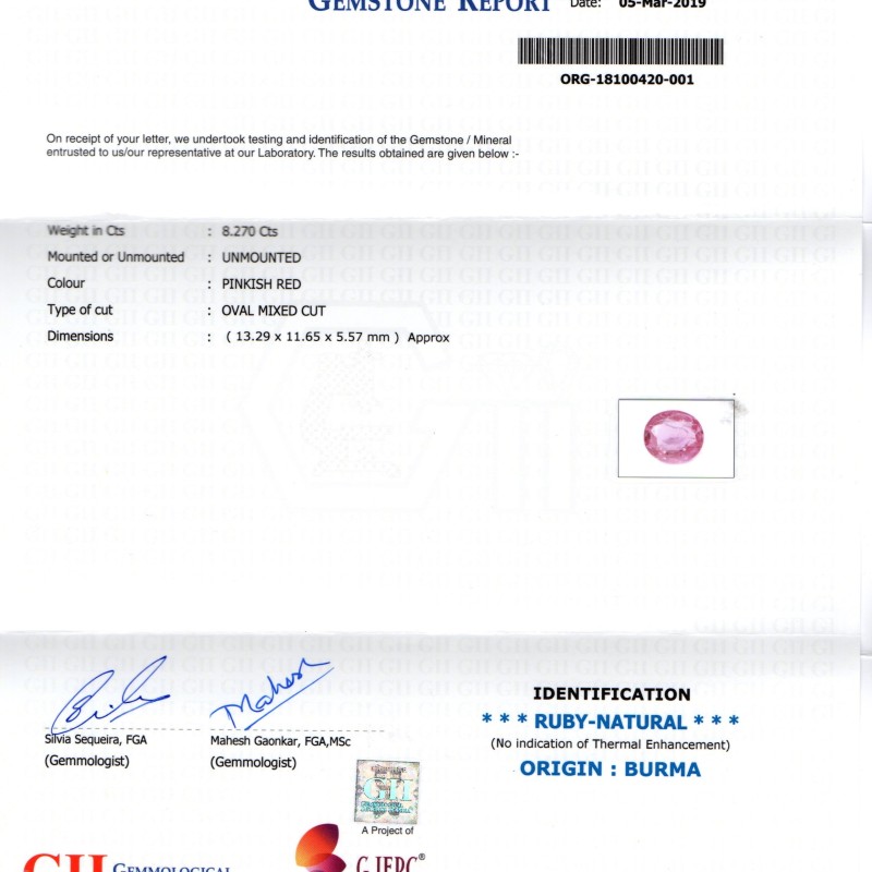 8.27 Ct GII Certified Unheated Untreated Natural Old Burma Ruby AAA 8.27 Ct GII Certified Unheated Untreated Natural Old Burma Ruby AAA