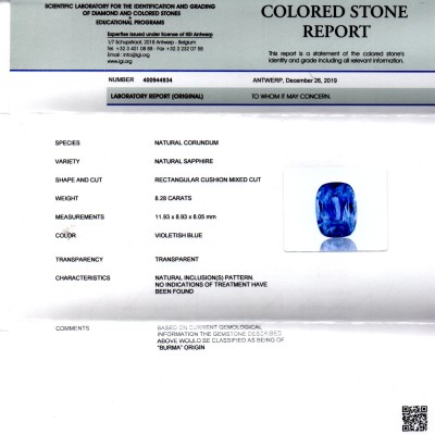 8.28 Ct IGI Certified Unheated Untreated Burma Blue Sapphire AAAAA