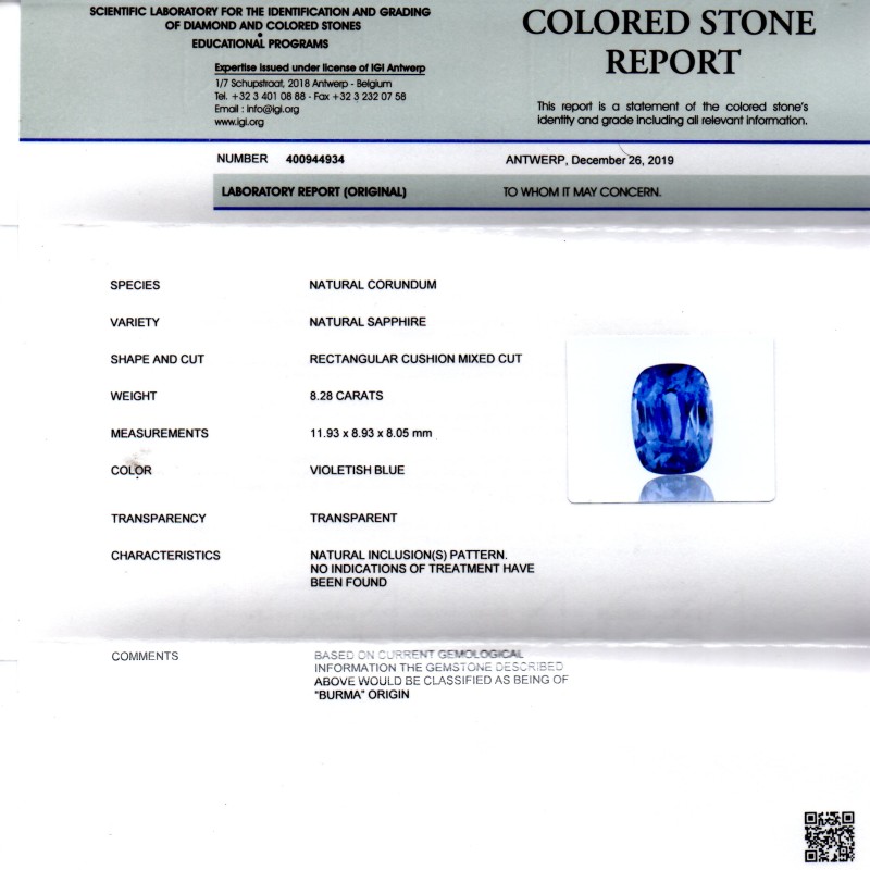 8.28 Ct IGI Certified Unheated Untreated Burma Blue Sapphire AAAAA