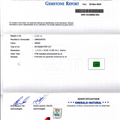 8.28 Ct GII Certified Untreated Natural Zambian Emerald Gems AAA 8.28 Ct GII Certified Untreated Natural Zambian Emerald Gems AAA