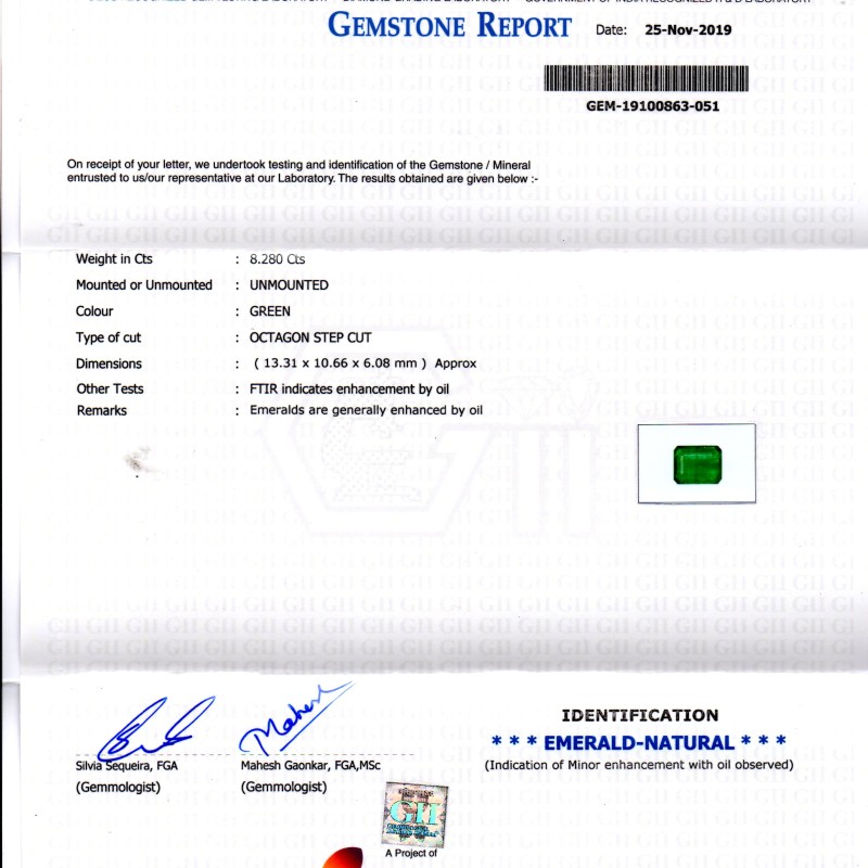 8.28 Ct GII Certified Untreated Natural Zambian Emerald Gems AAA 8.28 Ct GII Certified Untreated Natural Zambian Emerald Gems AAA