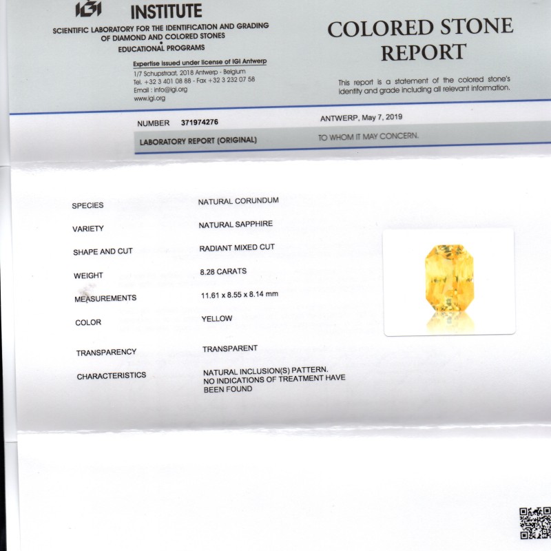 8.28 Ct IGI Certified Unheated Untreated Natural Ceylon Yellow Sapphire 8.28 Ct IGI Certified Unheated Untreated Natural Ceylon Yellow Sapphire