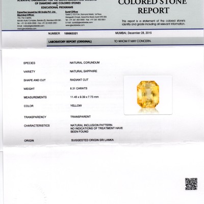 8.31 Ct Unheated Untreated Natural Ceylon Yellow Sapphire Gemstone