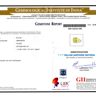 8.32 Ct GII Certified Unheated Untreated Natural Ceylon Yellow Sapphire Pukhraj 8.32 Ct GII Certified Unheated Untreated Natural Ceylon Yellow Sapphire Pukhraj