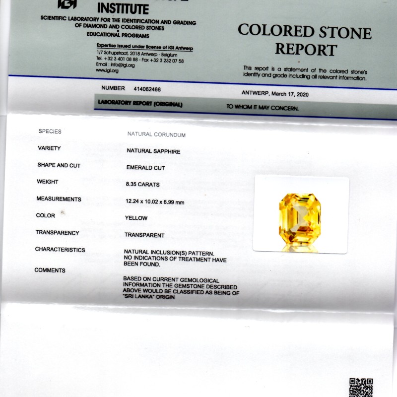 8.35 Ct IGI Certified Unheated Untreated Natural Ceylon Yellow Sapphire AAA 8.35 Ct IGI Certified Unheated Untreated Natural Ceylon Yellow Sapphire AAA