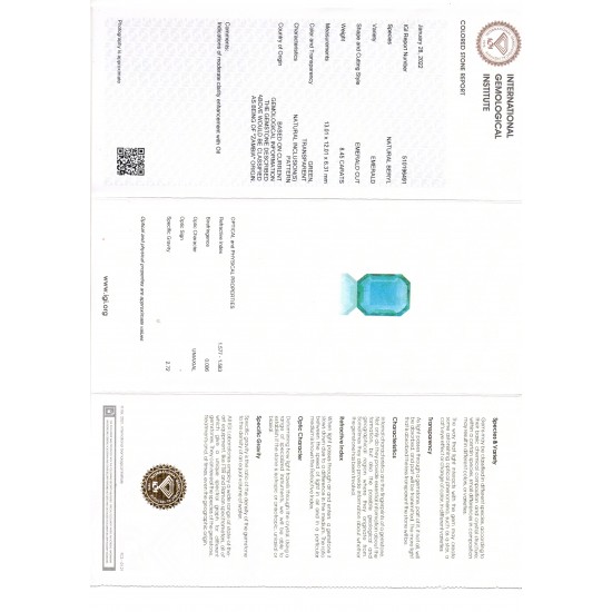8.45 Ct IGI Certified Untreated Natural Zambian Emerald Gemstone AAA