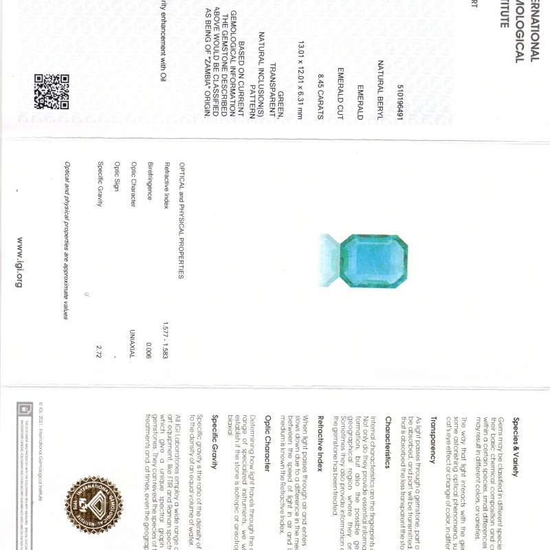 8.45 Ct IGI Certified Untreated Natural Zambian Emerald Gemstone AAA 8.45 Ct IGI Certified Untreated Natural Zambian Emerald Gemstone AAA