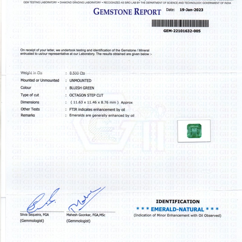 8.50 Ct Certified Untreated Natural Zambian Emerald Gemstone Panna 8.50 Ct Certified Untreated Natural Zambian Emerald Gemstone Panna