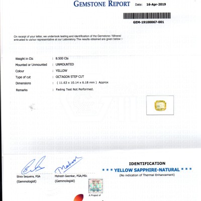 8.50 Ct GII Certified Unheated Untreated Natural Ceylon Yellow Sapphire 8.50 Ct GII Certified Unheated Untreated Natural Ceylon Yellow Sapphire