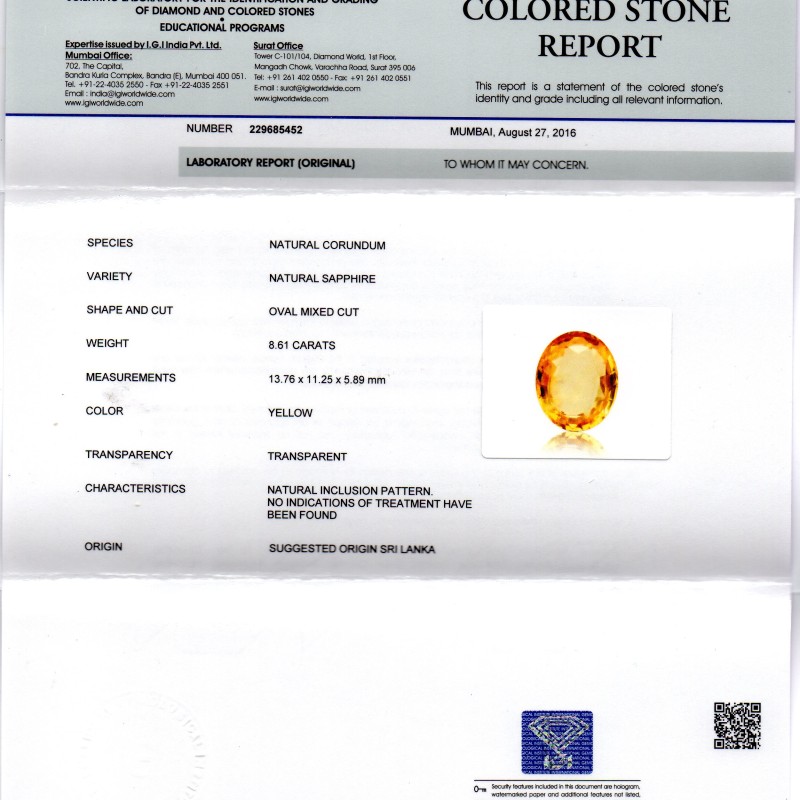 8.61 Ct Unheated Untreated Natural Ceylon Yellow Sapphire AAAAA 8.61 Ct Unheated Untreated Natural Ceylon Yellow Sapphire AAAAA