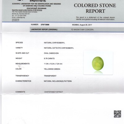 8.78 Ct IGI Certified Untreated Natural Ceylon Chrysoberyl Cats Eye 8.78 Ct IGI Certified Untreated Natural Ceylon Chrysoberyl Cats Eye