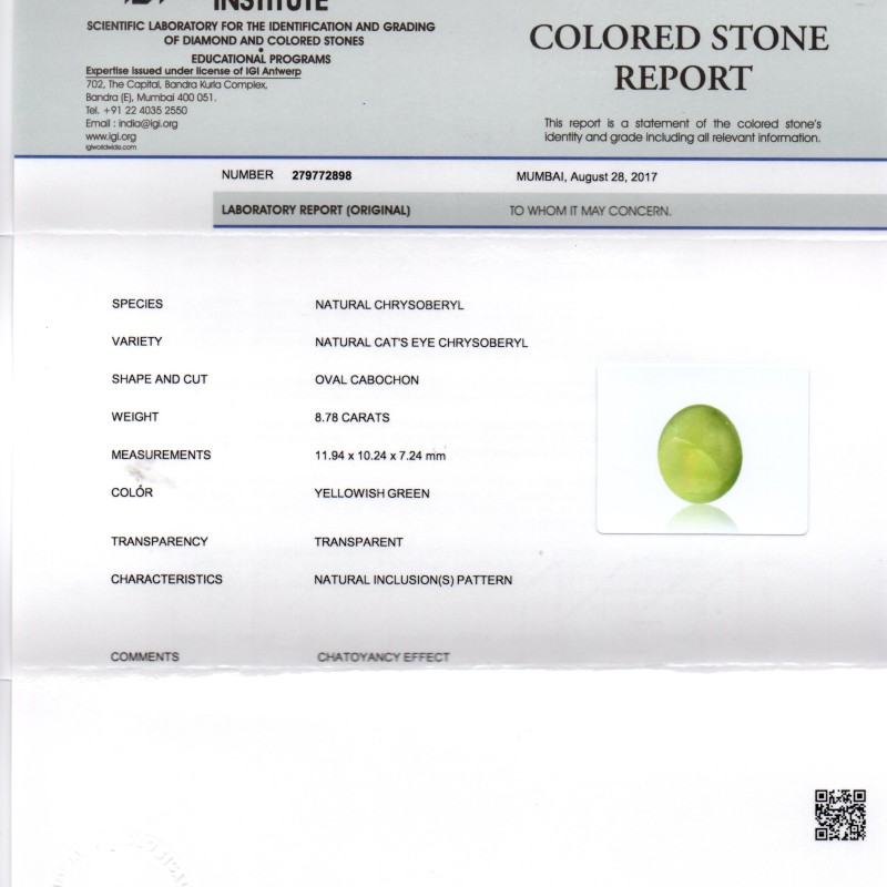 8.78 Ct IGI Certified Untreated Natural Ceylon Chrysoberyl Cats Eye 8.78 Ct IGI Certified Untreated Natural Ceylon Chrysoberyl Cats Eye
