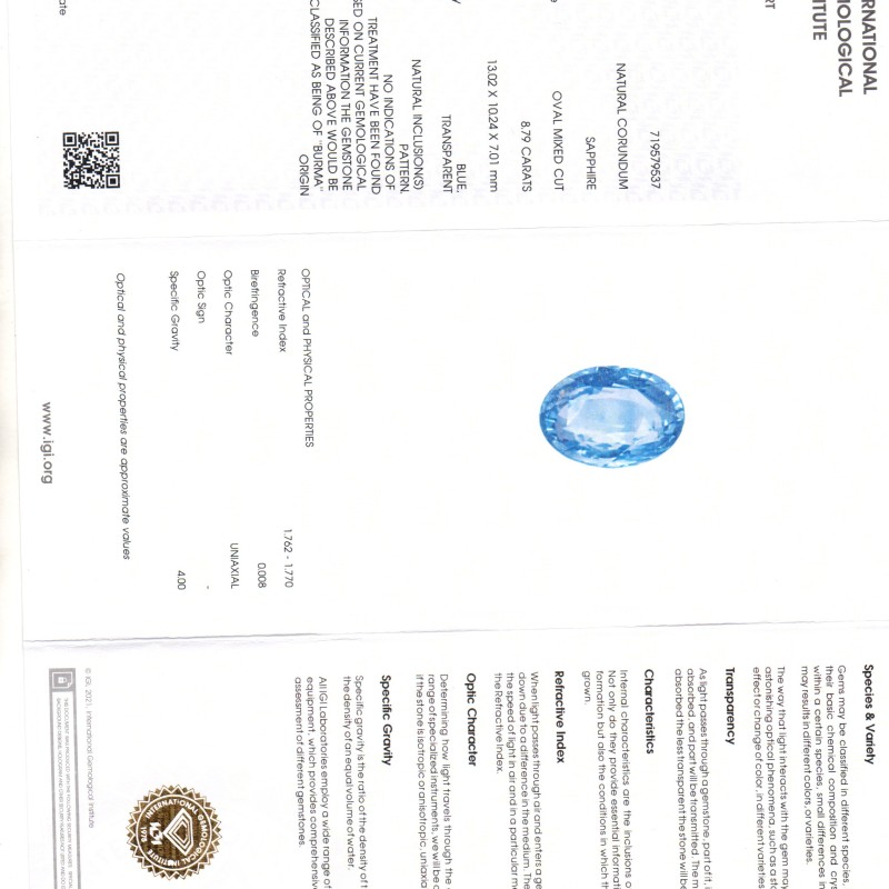 8.79 Ct IGI Certified Unheated Untreated Natural Burma Blue Sapphire 8.79 Ct IGI Certified Unheated Untreated Natural Burma Blue Sapphire
